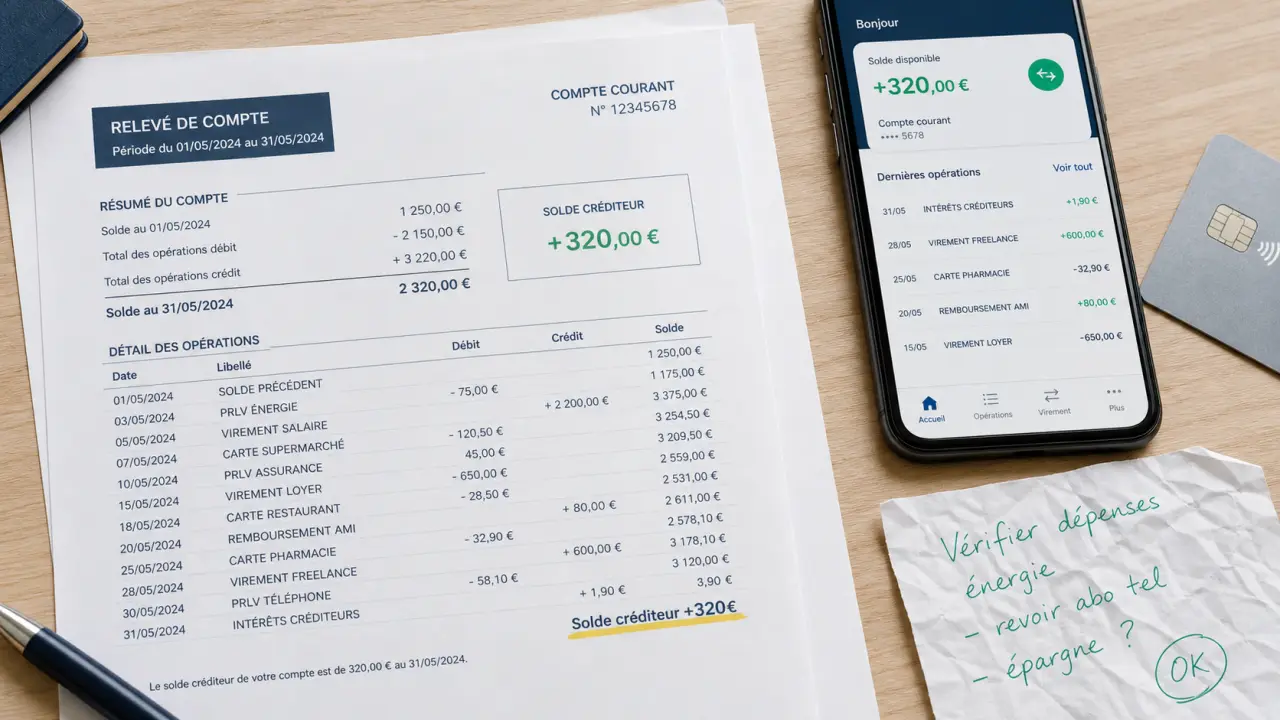 Que veut dire solde créditeur : solde positif sur relevé bancaire