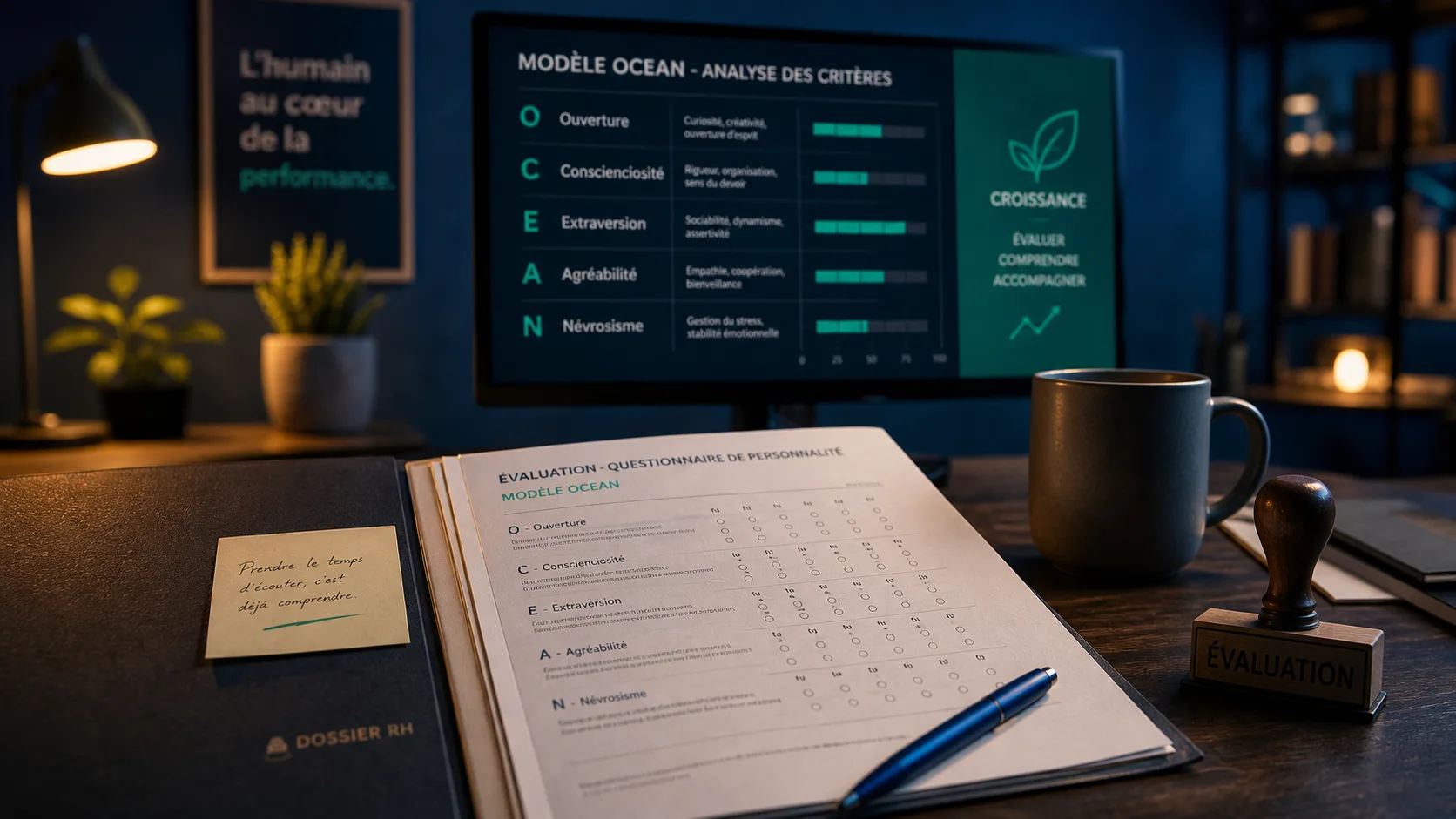 Tests en entreprise : dossier RH et évaluation OCEAN sur écran