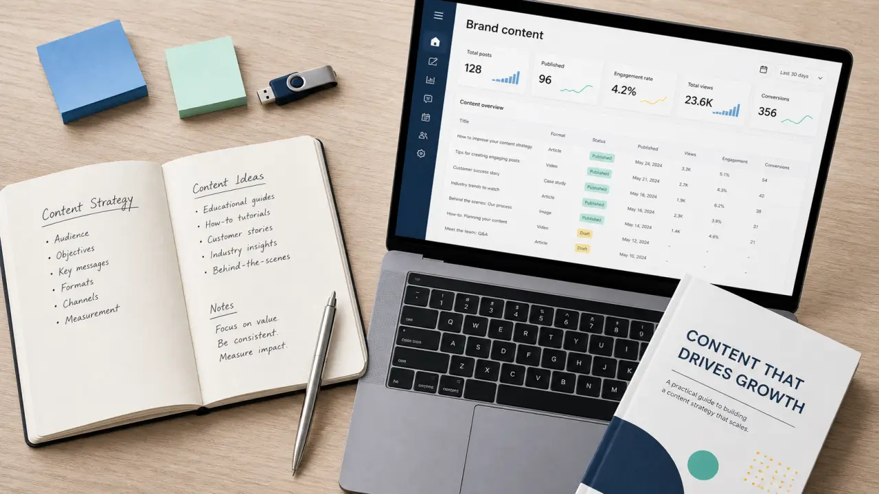 Brand content definition : carnet et ordinateur pour contenu de marque