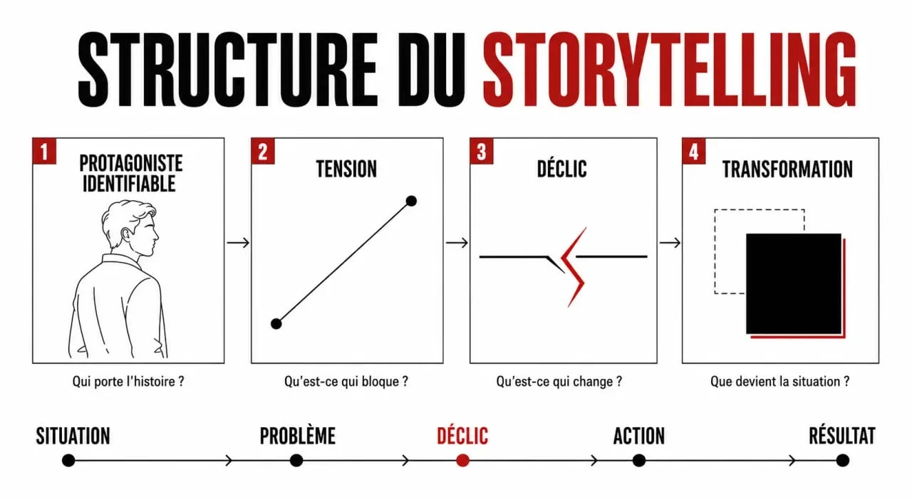 Storytelling exemple : schéma éditorial du récit en quatre étapes avec protagoniste, tension, transformation et cohérence de marque