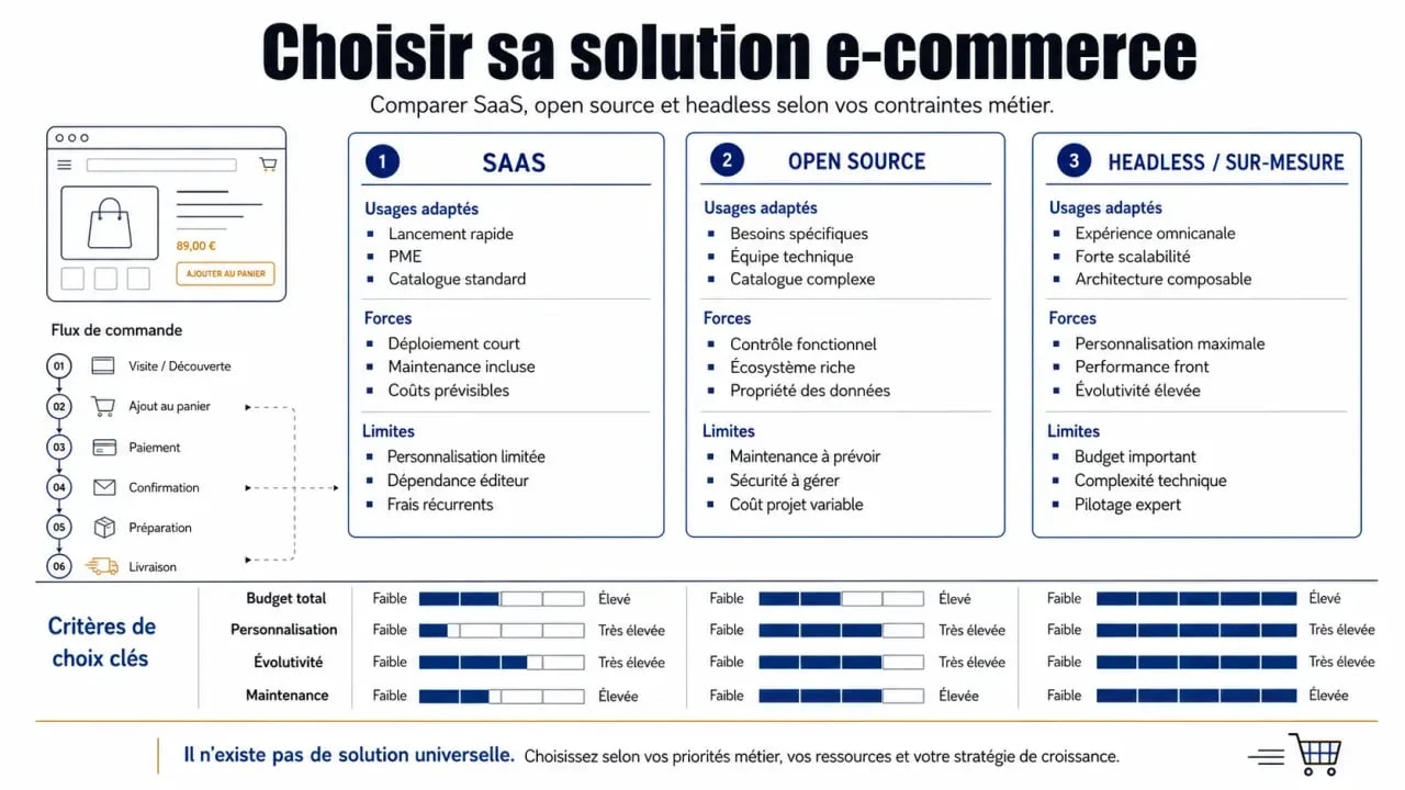 Infographie comparative des solutions e commerce selon le profil, les avantages et les limites