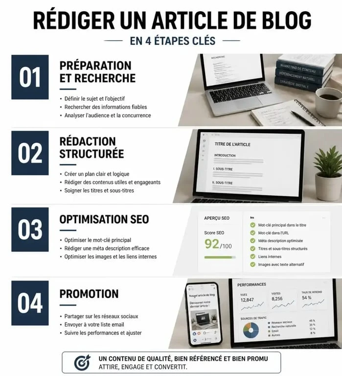 Infographie des étapes pour écrire un article de blog performant et optimisé SEO