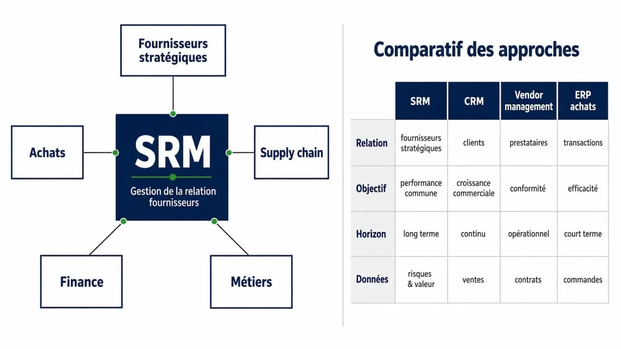 supplier relationship management : schéma comparatif SRM, CRM, vendor management et ERP achats