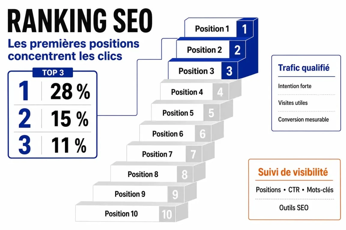 Ranker SEO : illustration des positions Google, du top 3 et du trafic qualifié