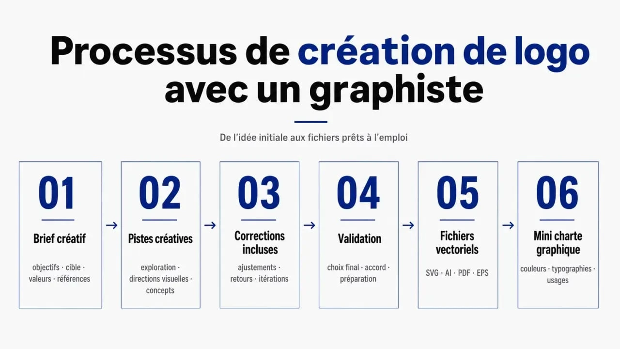 Processus graphiste pour logo : brief, pistes, corrections et livraison
