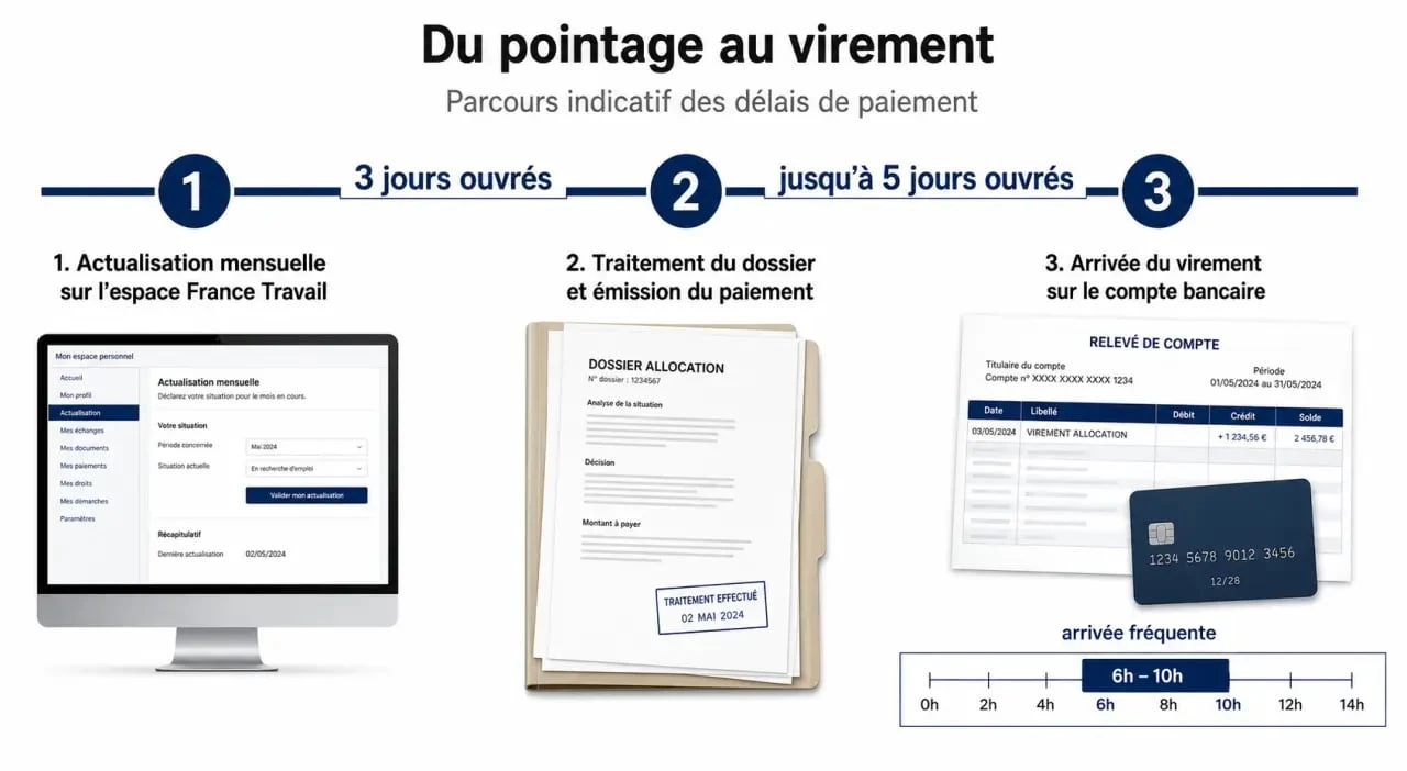 Schéma du virement pole emploi : actualisation, traitement France Travail et délai bancaire