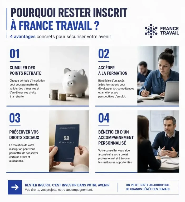 Infographie des avantages de rester inscrit à France Travail sans indemnisation