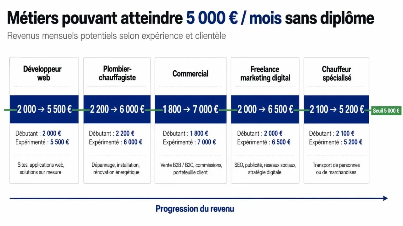 Métiers qui rapportent 5000 euros par mois sans diplôme : comparaison visuelle des revenus et conditions d’accès