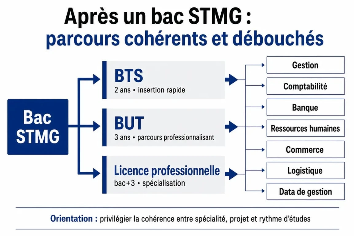 Schéma stmg métier salaire des parcours BTS, BUT et licence pro après un bac STMG