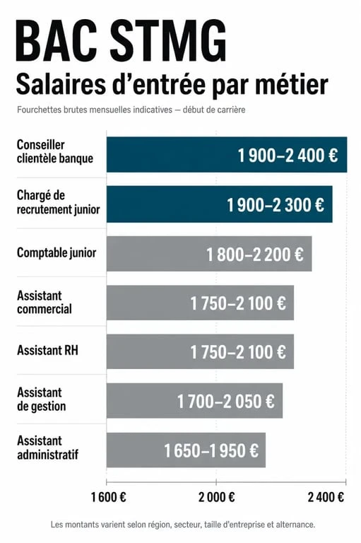 Infographie stmg métier salaire comparant les fourchettes de rémunération des métiers accessibles après un bac STMG
