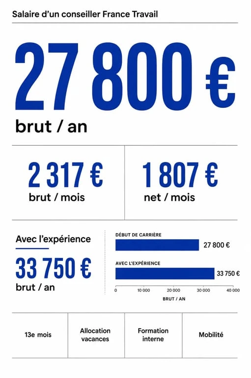 Salaire conseiller France Travail : rémunération brute, nette et avantages clés