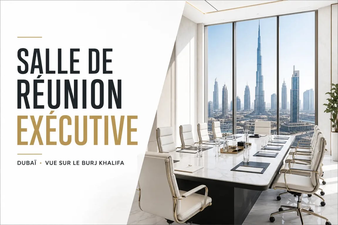 Salle de réunion moderne pour un séminaire d'entreprise stratégique à Dubaï avec vue sur la skyline