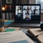 Mission en télétravail : espace de travail avec ordinateur et visioconférence
