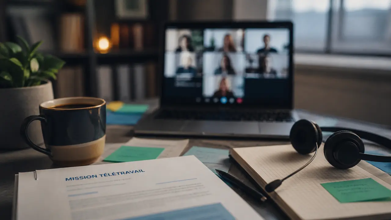 Mission en télétravail : espace de travail avec ordinateur et visioconférence