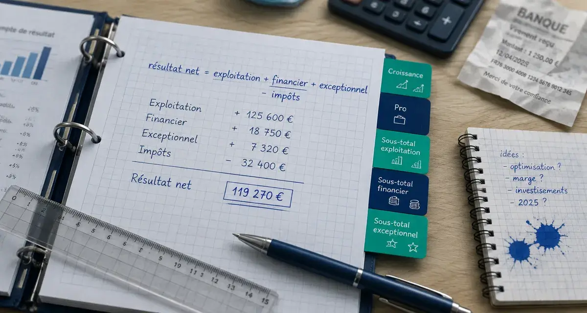 Calcul du resultat net : formule exploitation + financier + exceptionnel - impôts