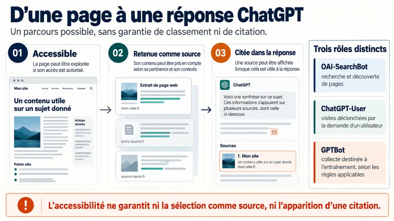 SEO ChatGPT : schéma des étapes entre accessibilité, sélection d’une source et citation dans une réponse